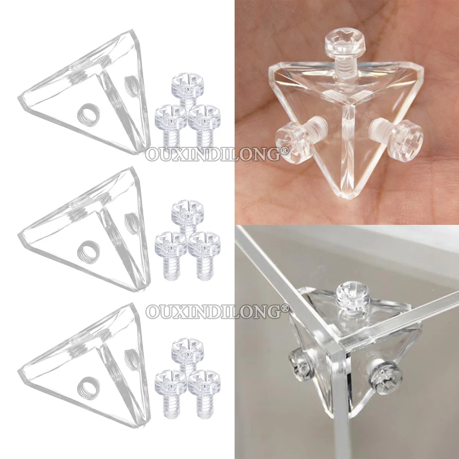 500PCS/LOT Clear Acrylic Corner Braces Right Angle Triangle Connectors Display Cases Joint Brackets 3-Side Thread Fixed Brackets