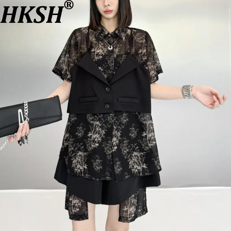 HKSH Women Casual Set Short Sleeves Printed Patchwork Fake Two Pieces Shirt Elastic Waisted Trend Shorts New Summer 2026 HK21553