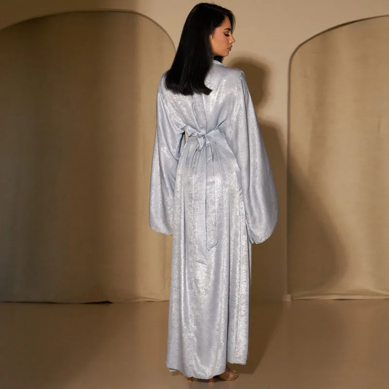 Belted Dress Shiny Satin Abaya Pagoda Sleeve Satin Dubai Islam Muslim Kaftan Dresses Kebaya Abayas Women Robe Musulmane Vestidos