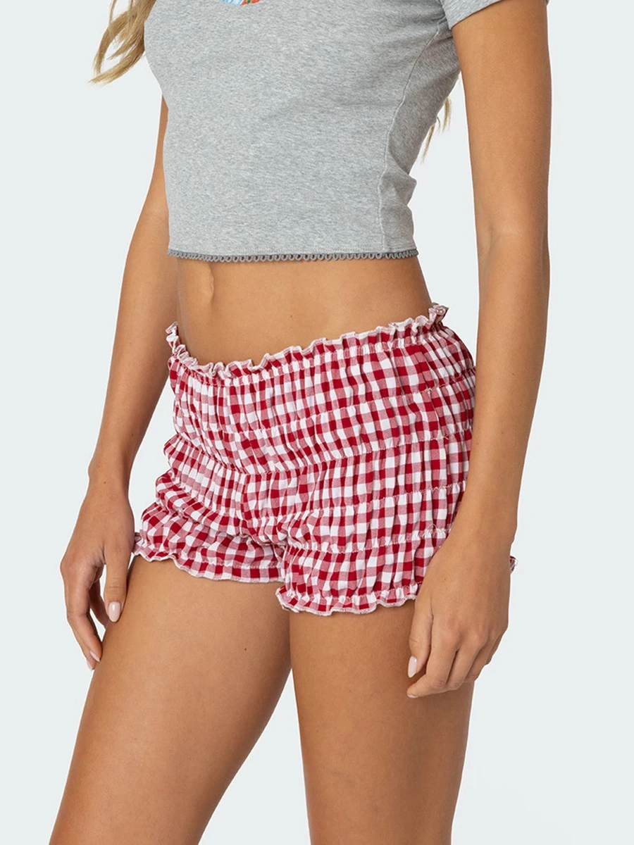 Women Y2K Gingham Boy Shorts Ruffle Hem Frilly Shorts Smocked Ruched Shorts Low Rise Micro Shorts Plaid Pj Bottoms