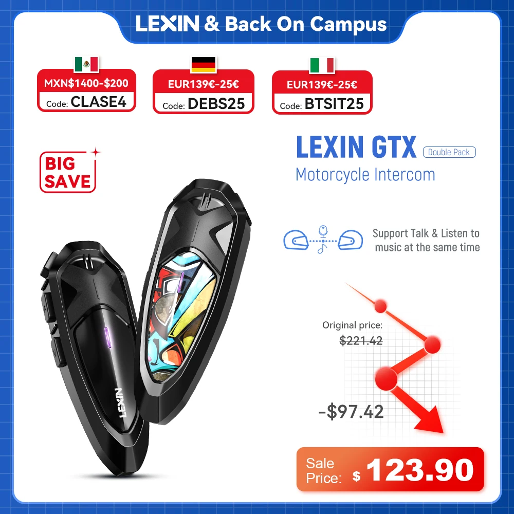 

Lexin GTX Intercom Bluetooth For Motorcycle Helmet Headset Support Intercom& Listen to Music At One Time10 Riders 2000m