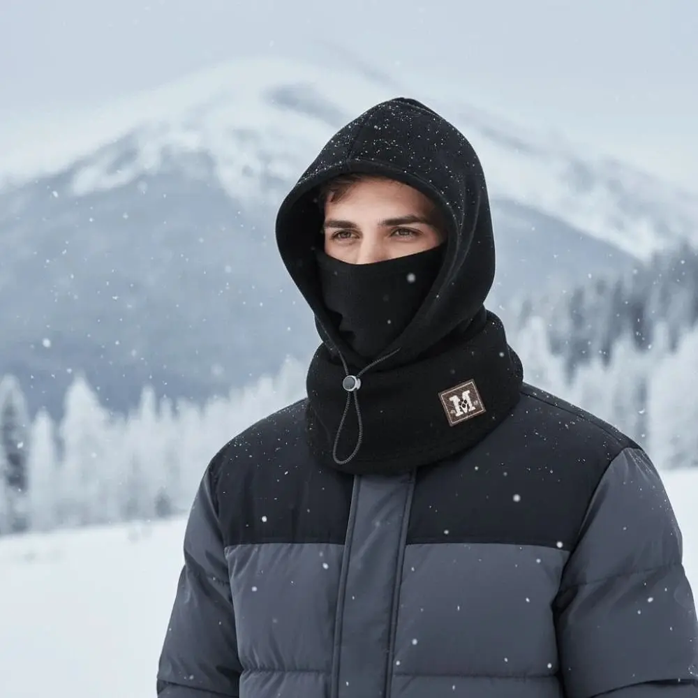 

Soft Warmer Hooded Neck Cap Windproof Anti-cold Winter Pullover Cap Solid Color Drawstring Men Helmet Hat Cycling