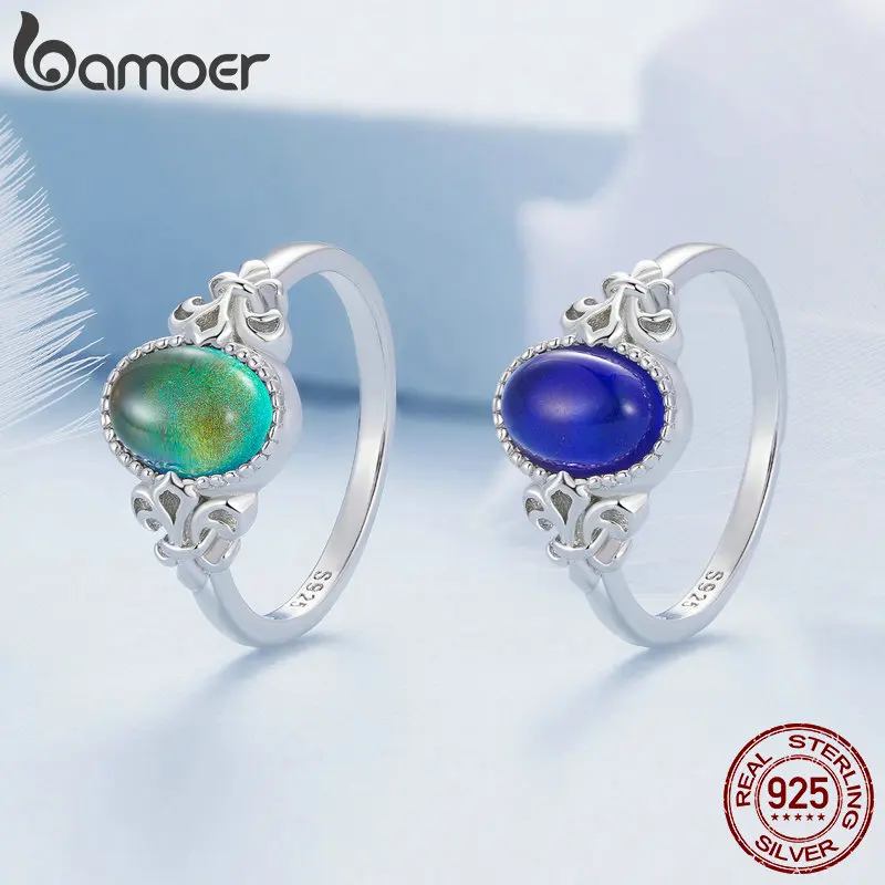 BAMOER Solid 925 Sterling Silver Emotion Ring Oval Stone Color Change Mood Ring Fine Jewelry Gift BSR454