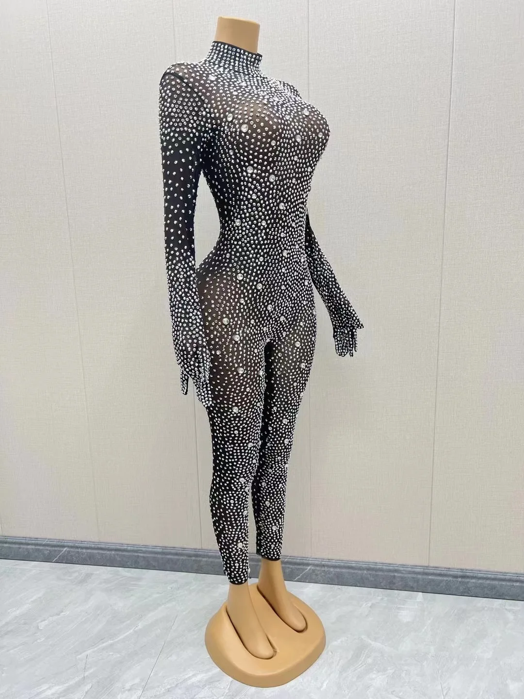 Silver Rhinestones Gloves Jumpsuit TransparentMesh Stones Bodysuit Pants Birthday CelebrateOutfit Evening Sexy Dance C139