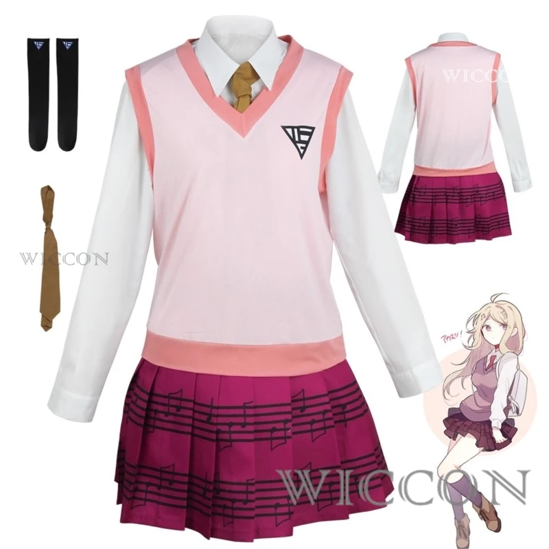 Jogo danganronpa v3 kaede akamatsu cosplay traje peruca camisa feminina colete saia meias meninas jk uniforme escolar trajes de halloween