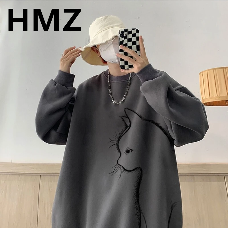 HMZ Fashion Brand Hip Hop Sweatshirts Men Autumn Cotton Sweatshirts New Casual Cat Pullover Street Wear Clothes Men Harajuku Top