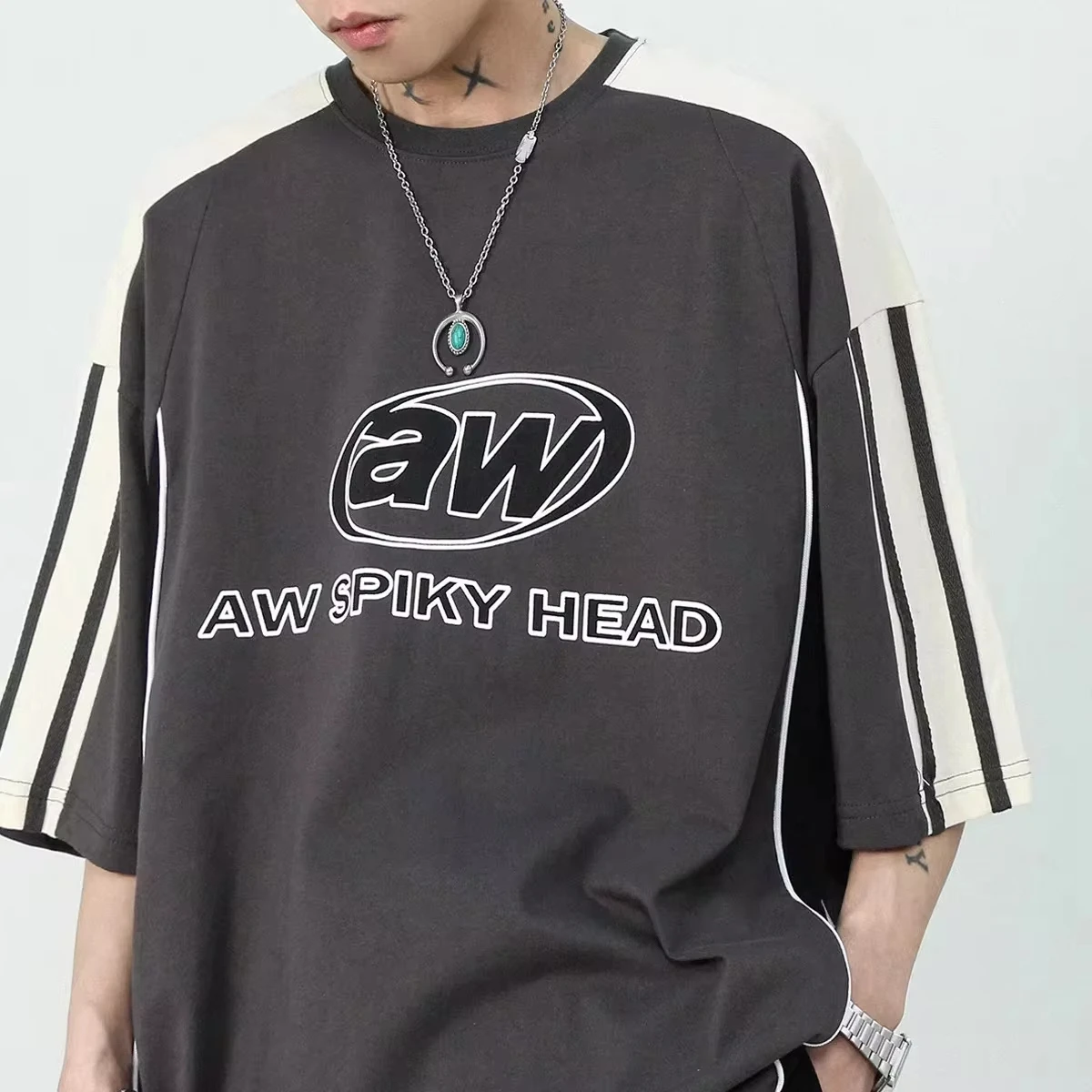 Korean Style Street Letter Printed Pattern Splicing Harajuku Y2K Style Men's Short Sleeved Loose Oversized Casual Round Neck Top