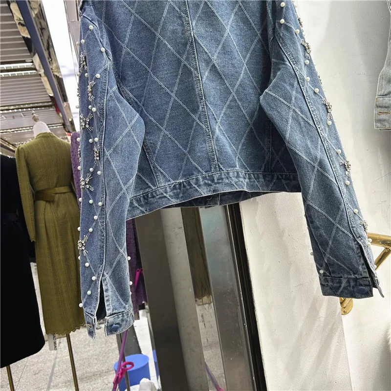 Beading Diamonds Pocket Stand Collar Denim Jacket Women Cowboy Outerwear Chaqueta Mujer Casual Slim Short Jeans Jacket Female