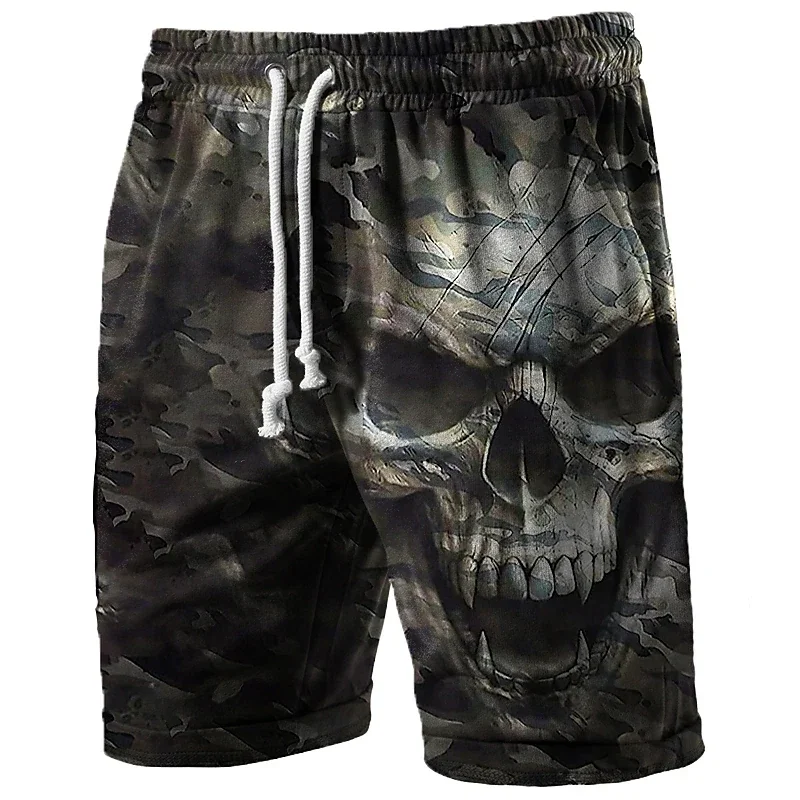 Retro Skull 3D Printed Pattern Beach Shorts for Men, Fashionable Summer Cool Street Casual Wear, Loose Street Hip-hop Shorts