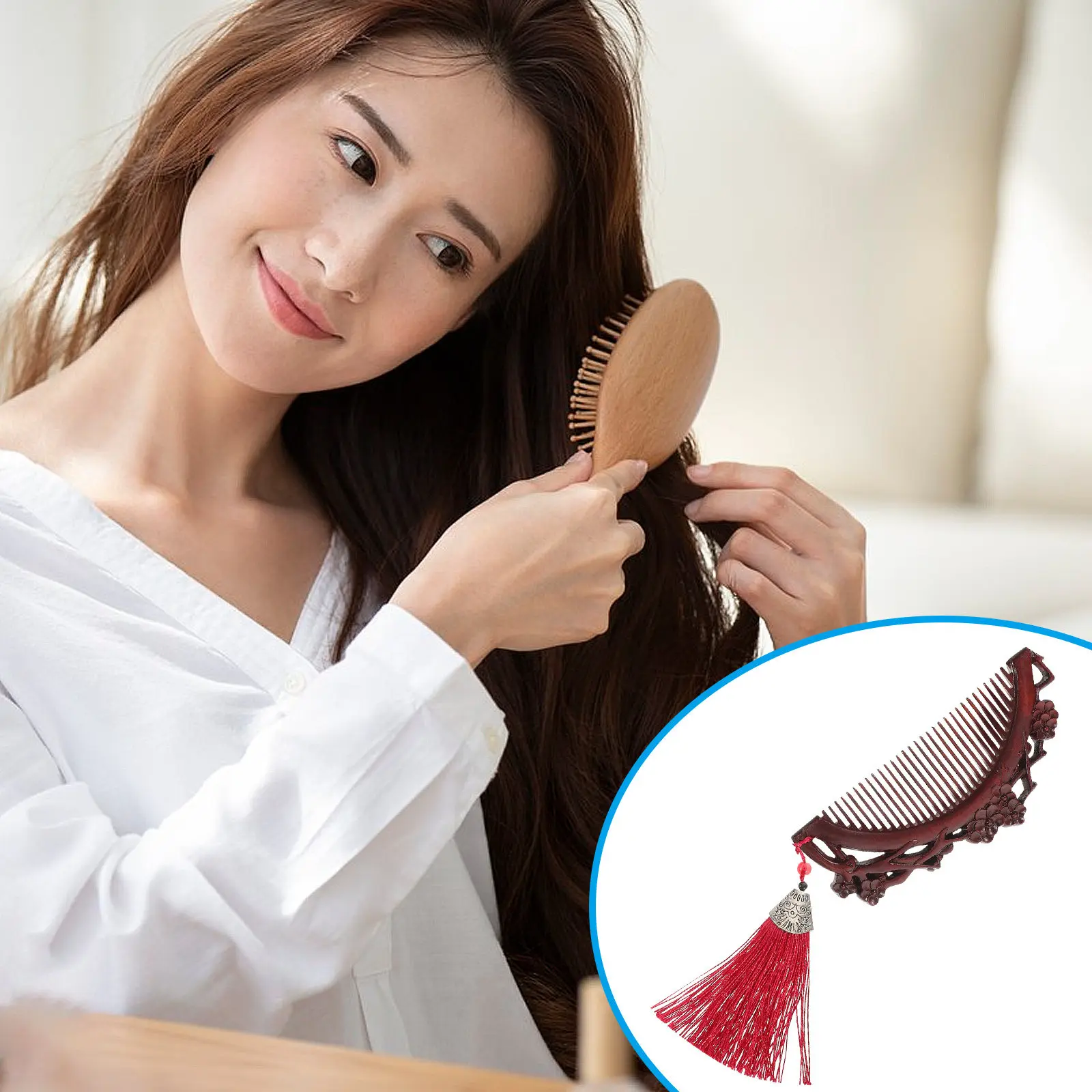 Wood Carved Mini Sandalwood Plum Blossom Comb Pocket Antistatic Hair Massage Scalp Tool Vintage Travel Keychain Charm