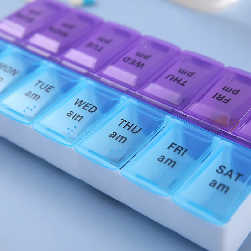 Wöchentliche Pillendose mit 7 Fächern für 2 Anwendungen pro Tag, 14 Fächer, tragbarer Behälter zur Aufbewahrung von Medikamenten, Vitaminen, Fischölen – Detail 10