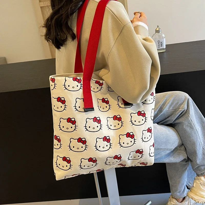 Miniso Hello Kitty Cute Large Canvas Bag Kawaii Girls Students Campus Kt Cat Portable Shopping Bag Joker One-Shoulder Tote Bags