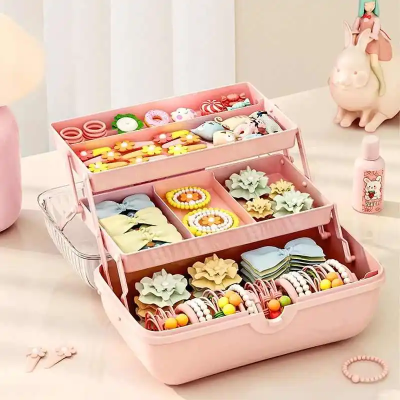 

Multi-layer Storage Organizer With Bowknot Lock Cute Girl Jewelry Head Rope Headband Case Storage Box Cosmetic Dust-proof Box