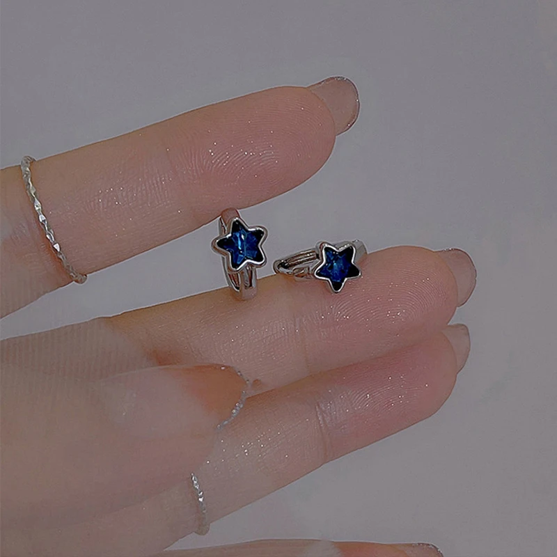 1pair Y2K Trendy Cute Sweet Blue Star Hoop Earrings For Women Girls Simple New Fashion Vintage Earrings Aesthetic Jewelry Gift