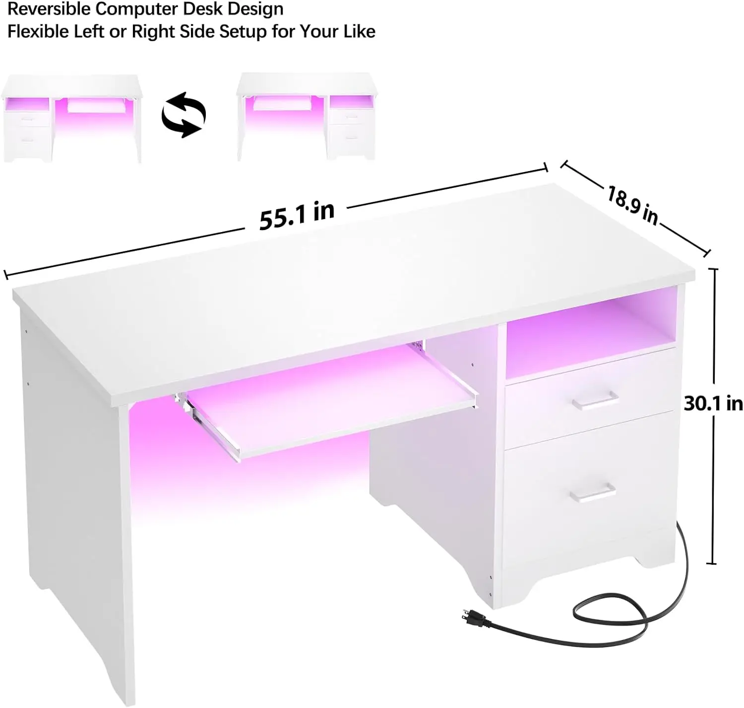 Reversible Computer Desk with File Drawers, 55 Inch Office Desk with RGB LED Light and Power Outlet, Sturdy Writing Des