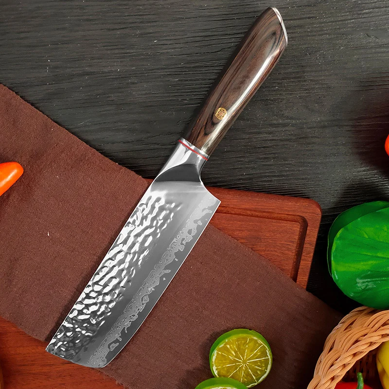 

7 Inch Nakiri Knife Welding Damascus Steel Blade Slicing Sushi Vegetables Cleaver Meat Hammering Kitchen Knife Wood Handle