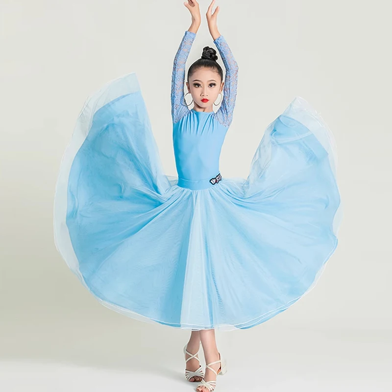 

Blue Ballroom Dance Dress Girls Waltz Modern Performance Outfit Lace Sleeve Leotard Skirt Set Standard Competition Dress VDB7971