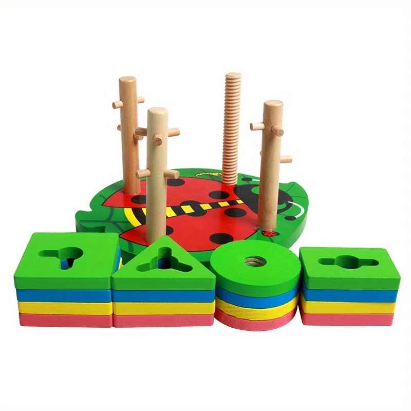 

Mum Wood Kids' Educational Toys - Shape Color Recognition, Beetle Four-Pillar Blocks, Preschool Learning Aids