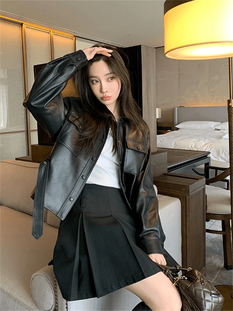 

Новая весенняя женская кожаная куртка свободного кроя в повседневном стиле, универсальная, омолаживающая, модная, с завышенной талией