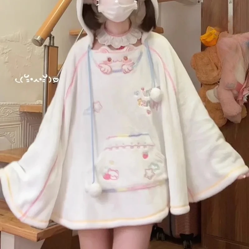 2025 New Japanese Winter Cartoon Print Soft Shawl Cape Two-dimensional Solid Color Hooded Cape Fluffy Coat For Women