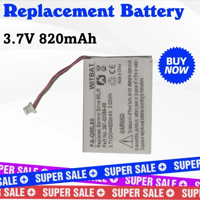 

New 3.7V 820mAh Replacement Battery 361-00056-08 for Garmin drive 60LMGPS Garmin DriveSmart 5 55 65 3-Wire Plug