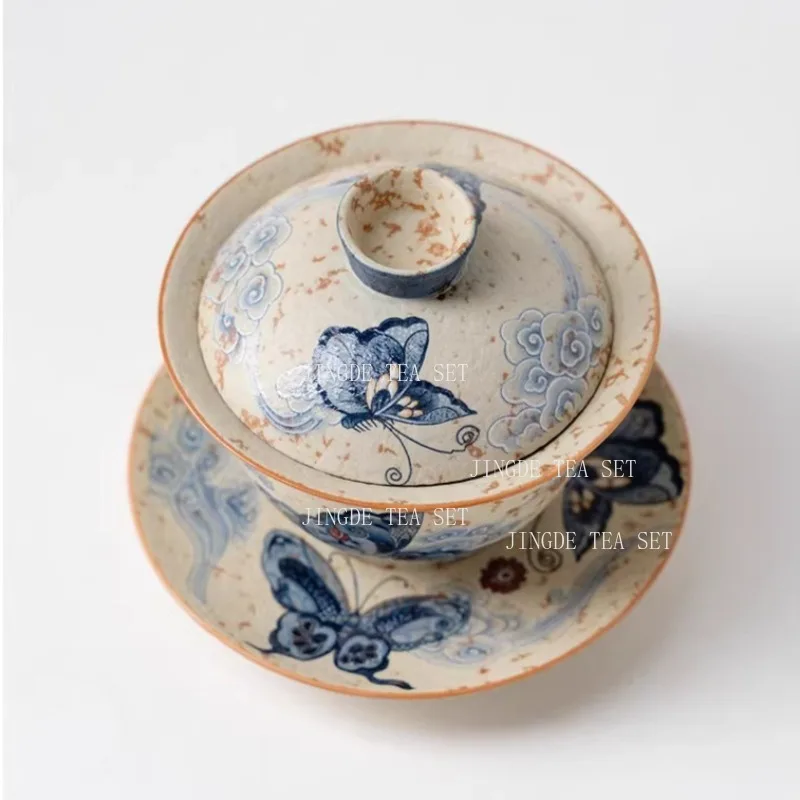 160ml Blue and White Butterfly Covered Bowl Kung Fu Tea Set Chinese Caramel Glazed Tea Bowl Large Capacity Drinking Utensils
