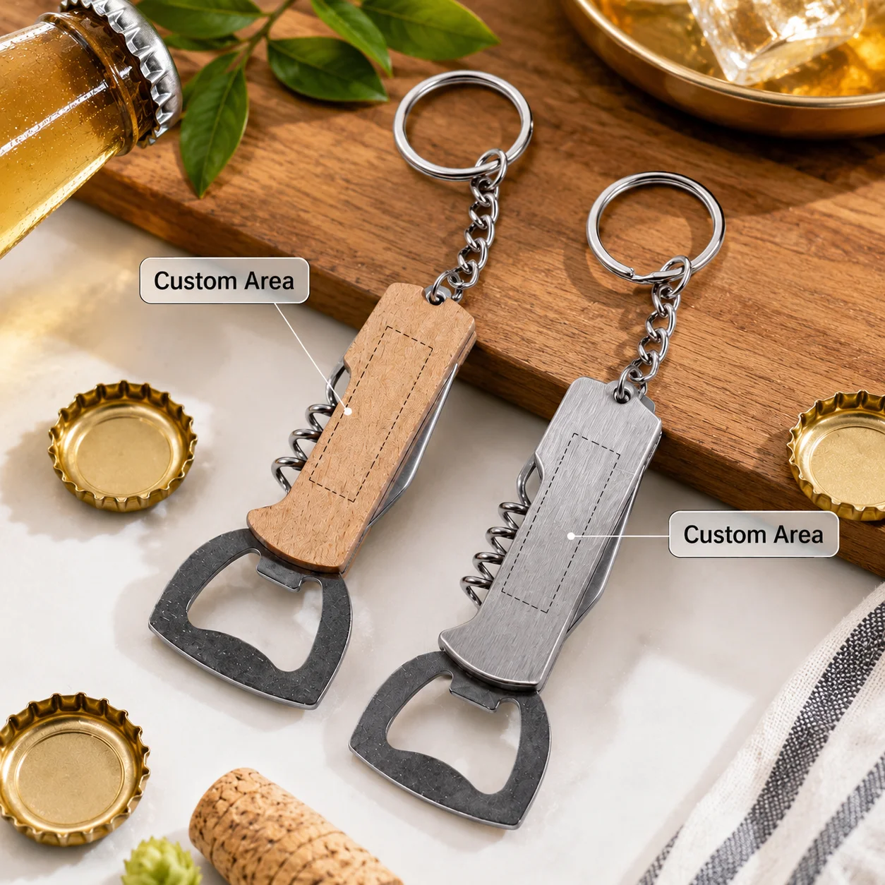 

Customizable Bottle Opener Keychain with Corkscrew, Stainless Steel & Wood Handle, Durable Portable Key Ring, Gift for Men