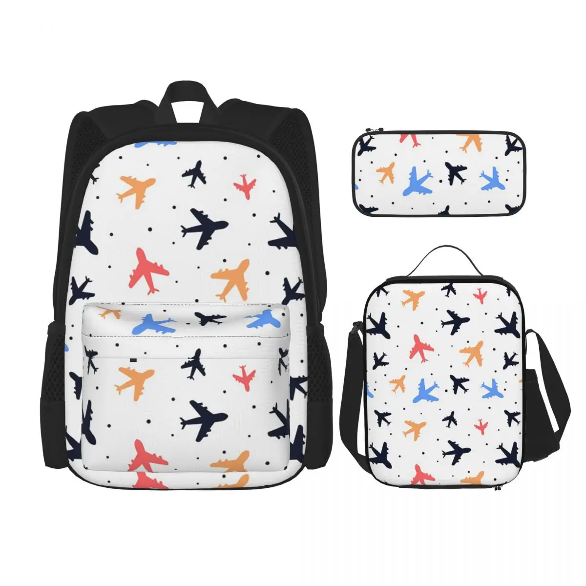 Random Airplanes Pattern Aviation Fighter Pilot Backpacks Kids Bookbag School Bags Rucksack Lunch Bag Pen Bag Three-Piece Set