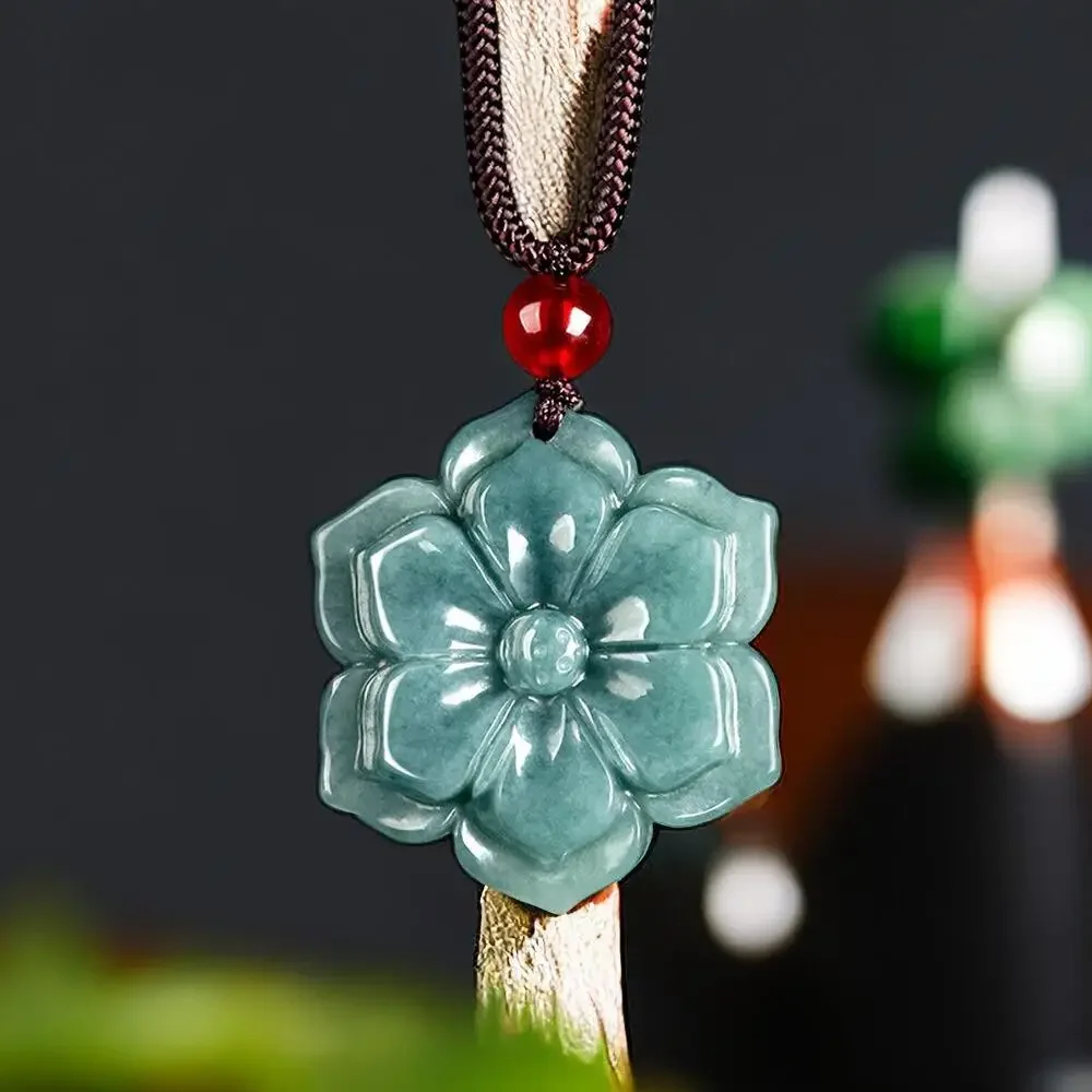 Blue Myanmar Jadeite Flower Pendant Necklace Real Jewelry Designer Man Carved Natural Burmese Jade Charm Talismans Stone Luxury