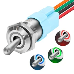 12V 조명 토글 스위치 2 위치 방수 오토바이 스위치, 16MM 유선, RGB LED 자동차 보트 마린, 3 개입