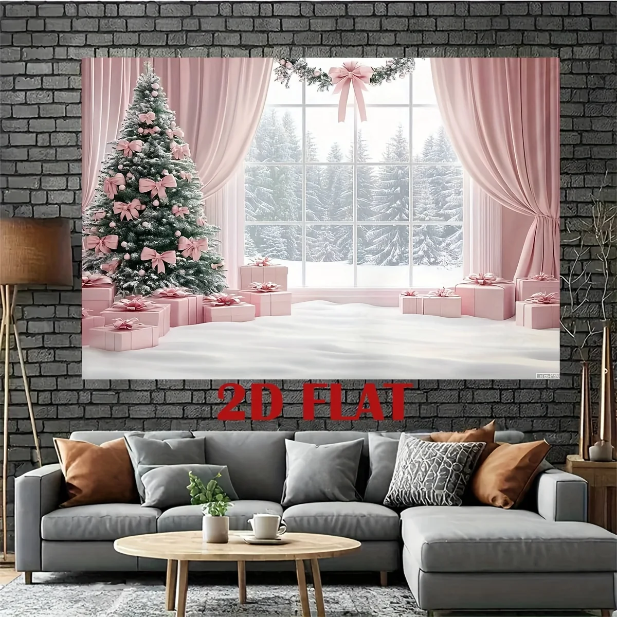 Un cartel de fondo plano 2D para una persona, con un patrón de escena de ventana navideña rosa y un dulce fondo navideño.