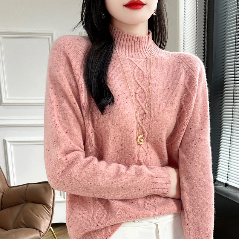 2024 Autumn/Winter New 100% Wool Half High Collar Sweater Women\'s Casual Knit Pullover Loose Fashion Sweater Versatile Soft Tops