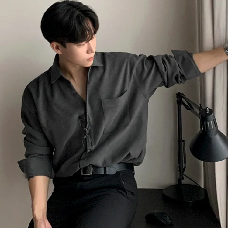 Korean Style Autumn Fashion Men's Solid Color Khaki Grey Simple Casual Business Trendy Daily Long Sleeve Shirts Male Top Clothes