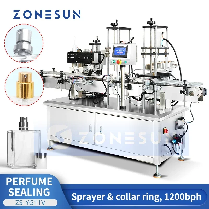 ZONESUN Automatic Perfume Bottle Sprayer Collar Ring Crimping Machine Perfume Crimper with Cap Feeder ZS-YG11V