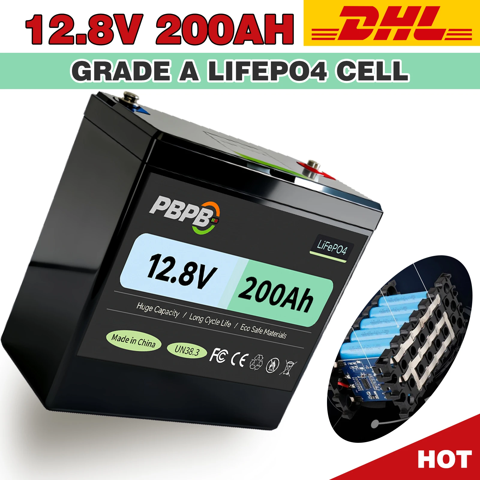 12.8V 200Ah LiFePO4 Battery Built-in Smart BMS,8000+ Cycles, Suitable for Solar Panels, Camper Vans, Marine Crafts, Overlanding