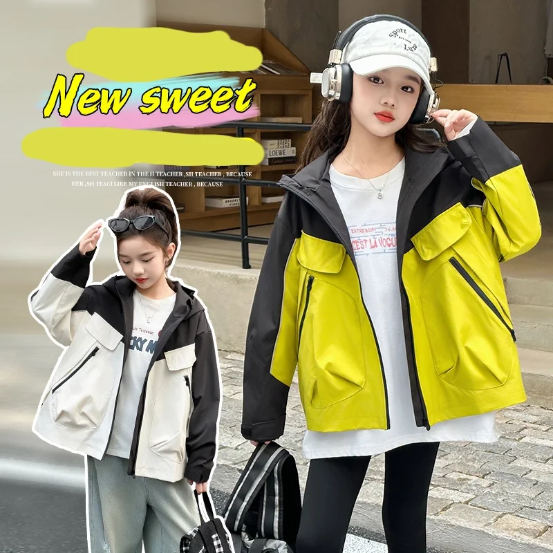 

Kid Windbreaker Spring Autumn Trench Coat Ages 4-14Y Girls Hooded Coats Big Kids Jackets Teenager Fashion Patchwork Outerwear