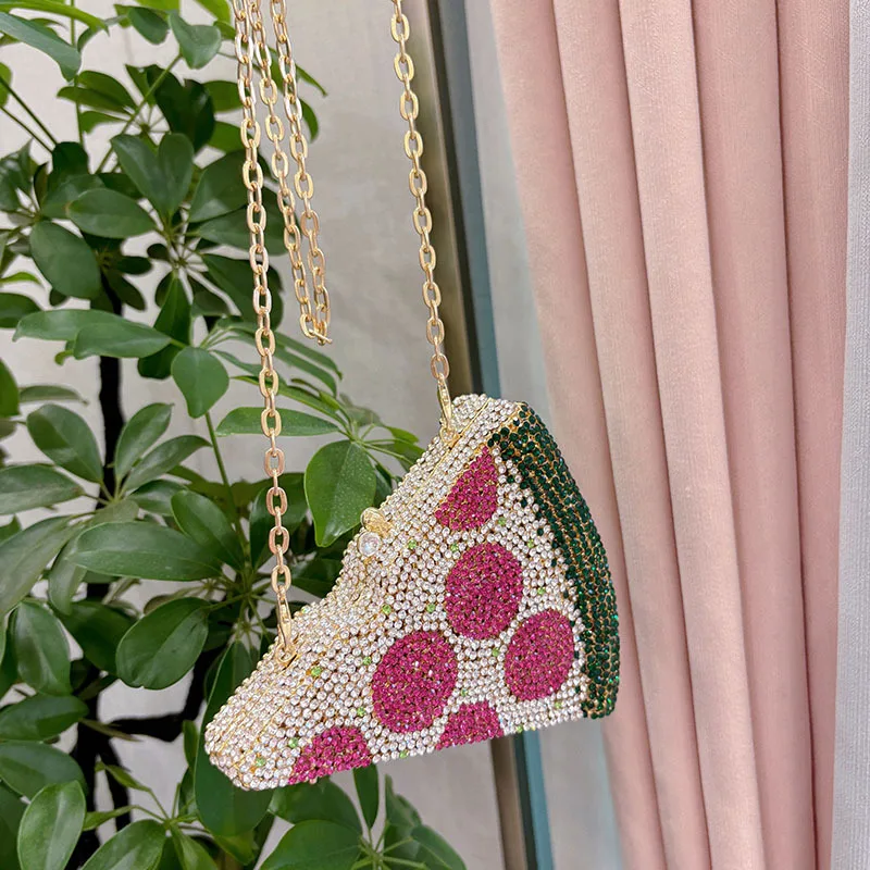 

Luxury Pizza Shaped Diamond Evening Clutch Bags New Gorgeous Unique Metallic Watermelon Rhinestone Purses Wedding Party