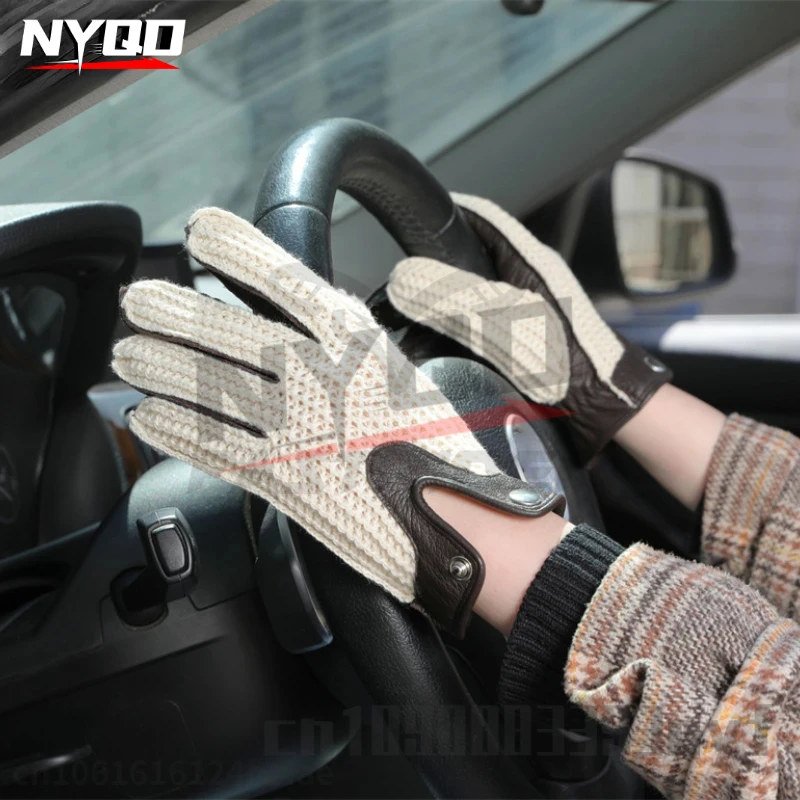 

Retro Drivers Gloves for Men Women Genuine Leather Knitted Mesh Touchscreen Breathable Leather Gloves for Motorcycle