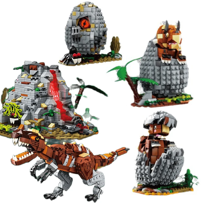 Dinosaurs Egg 3in2 T-Rex with Volcano Building Blocks Jurassic Dino World Bule Triceratops Model Bricks Toys For Children Gifts