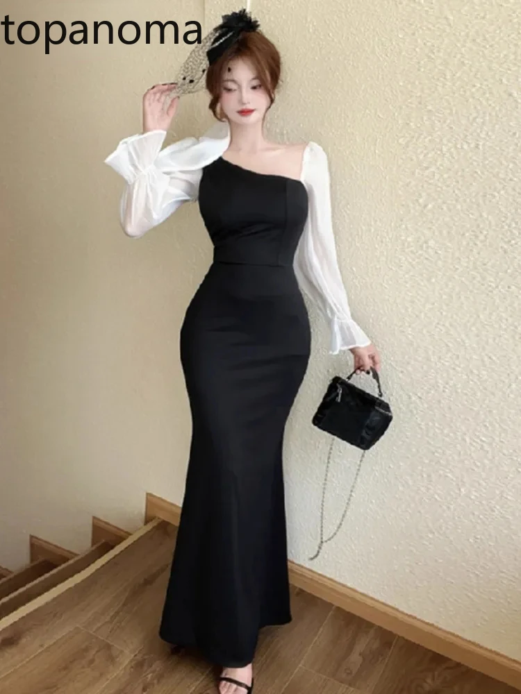 

Topanoma Cocktail Dresses Women Elegant Flare Long Sleeve Slim Temperament Sexy Wedding Party Evening Dress Ladies Celebrity