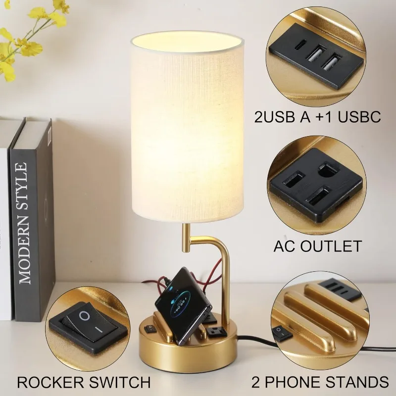 Table Lamp with 3 USB Charging Ports, Modern Desk Lamp with AC Outlet and Phone Stands, Perfect Bedside Lamp for Bedroom,Living