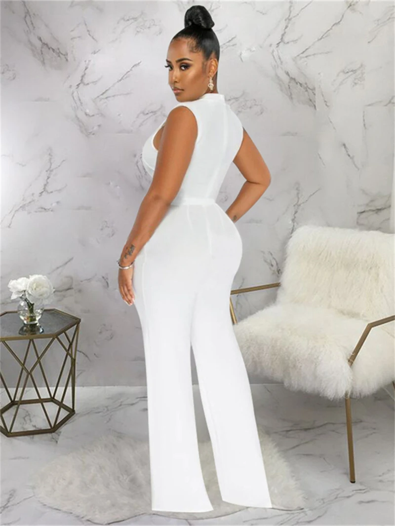 Jumpsuit Tanpa Lengan Pakaian Jalanan Pakaian Musim Panas Wanita 2025 Dekorasi Rantai Celana Kaki Lurus Romper Panjang Pakaian Terusan Satu Potong