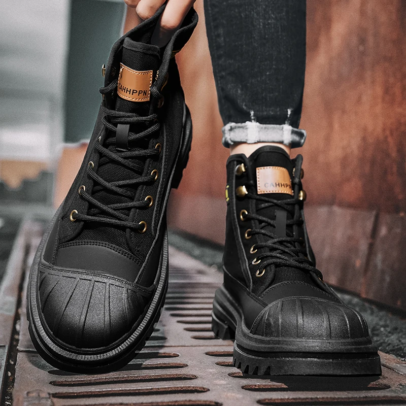 Men\'s boots four seasons high-top casual boots canvas boots soft-soled non-slip thick-soled outdoor boots fashion tooling boots