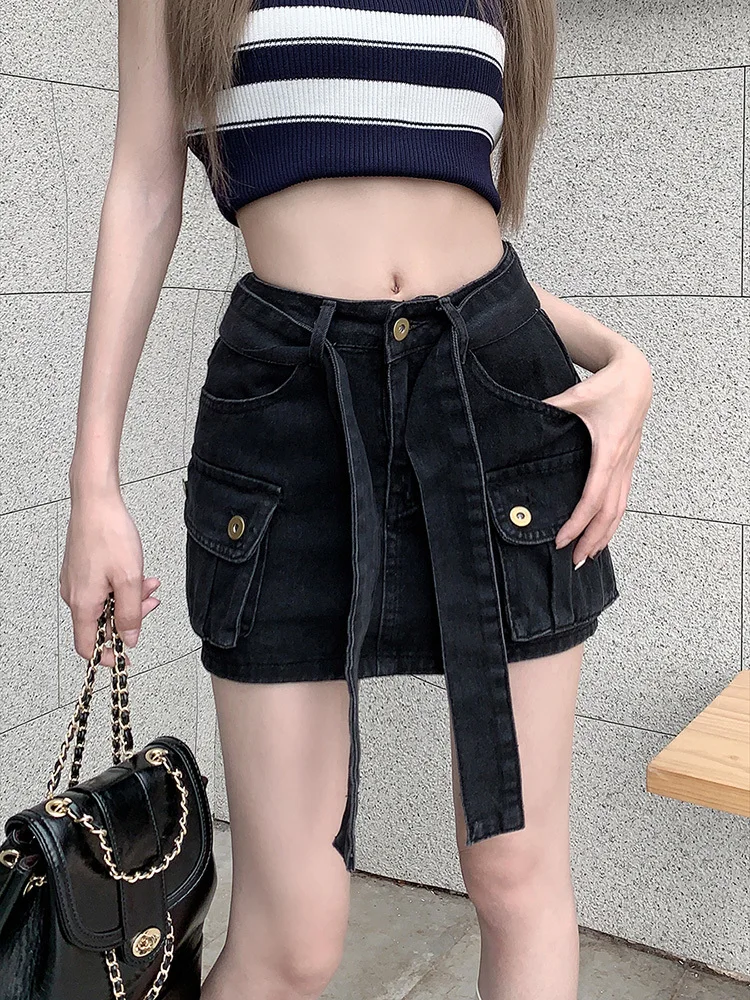 Lace up High Waist Denim Short Skirt for Women's Summer 2024 New Pocket Design with Loose  Half body Skirts