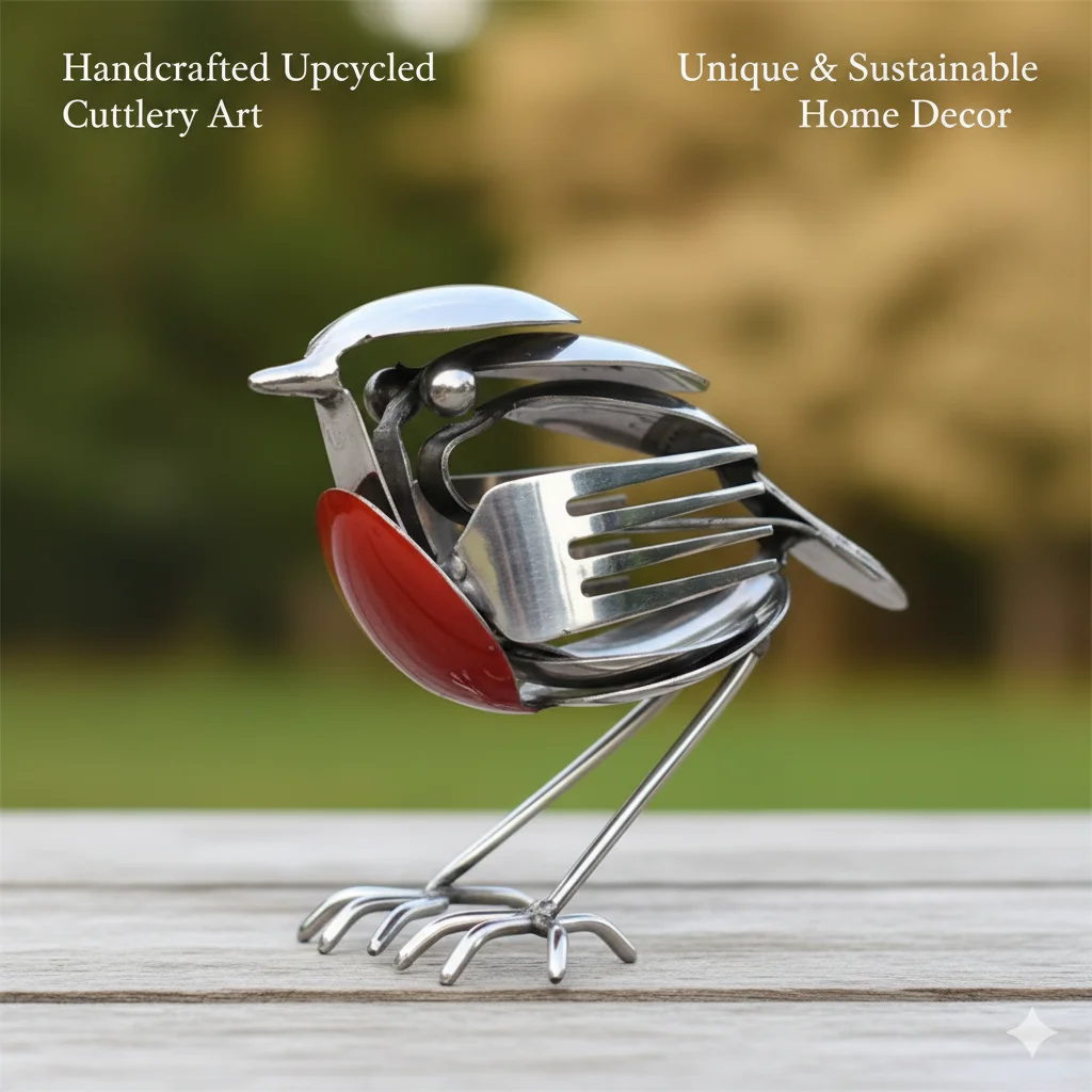 Scrap Metal Art Sculpture Robin Bird Handmade Upcycled Cutlery Metal Bird Figurine Garden Yard Home Desktop Decor Creative Gift
