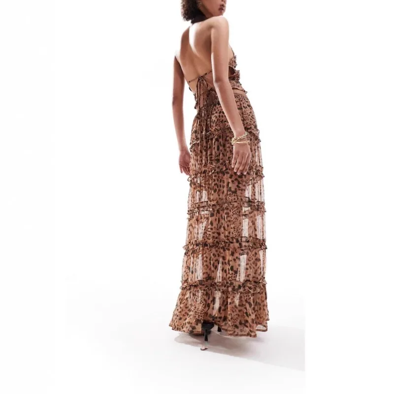 

Spring and summer women's new suspender backless leopard print dress evening gown