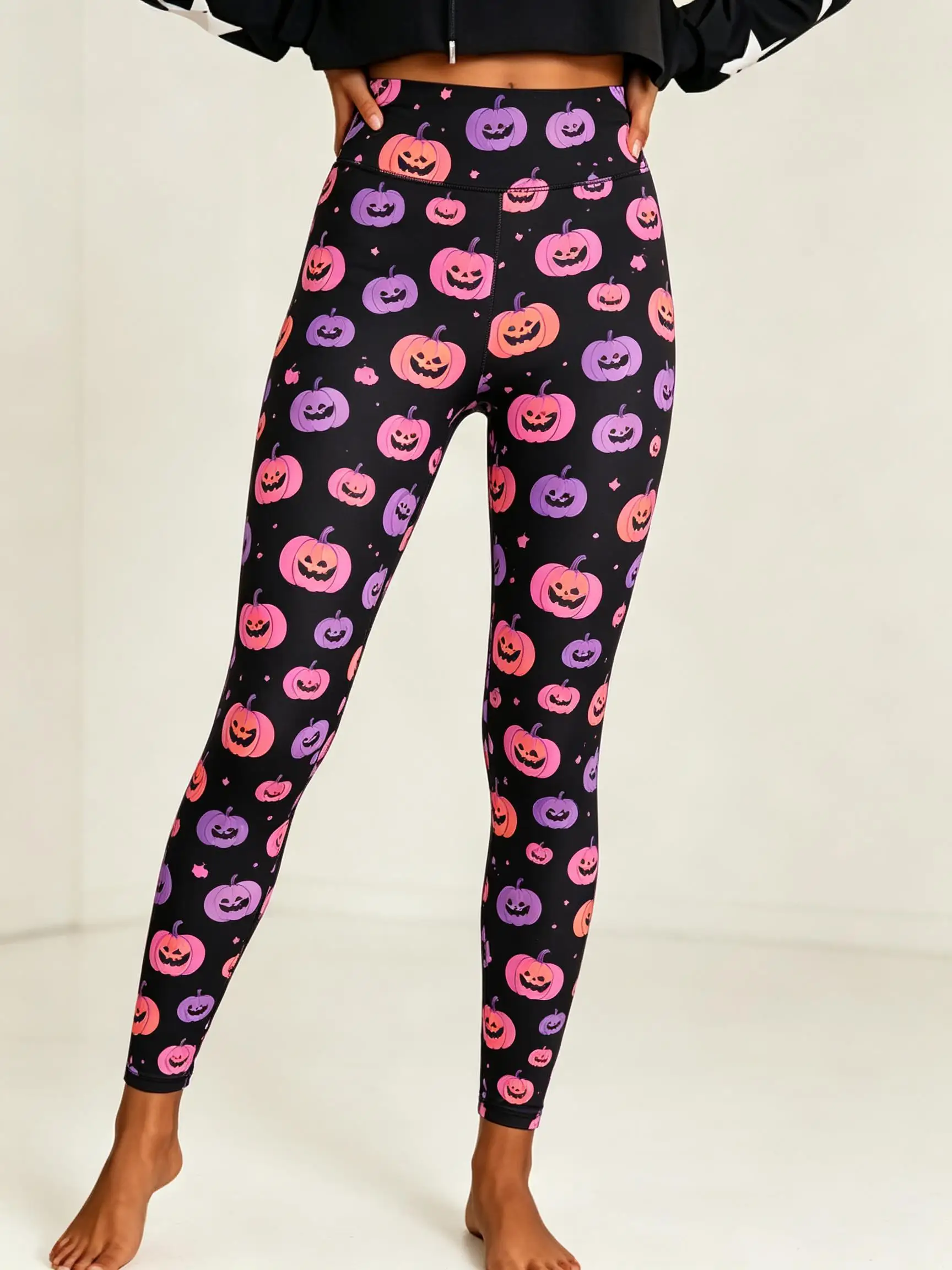 Women Halloween Fleece Mid‑Rise Leggings  Jack‑o‑Lantern Pumpkin Full Print Stretch Slim Pants