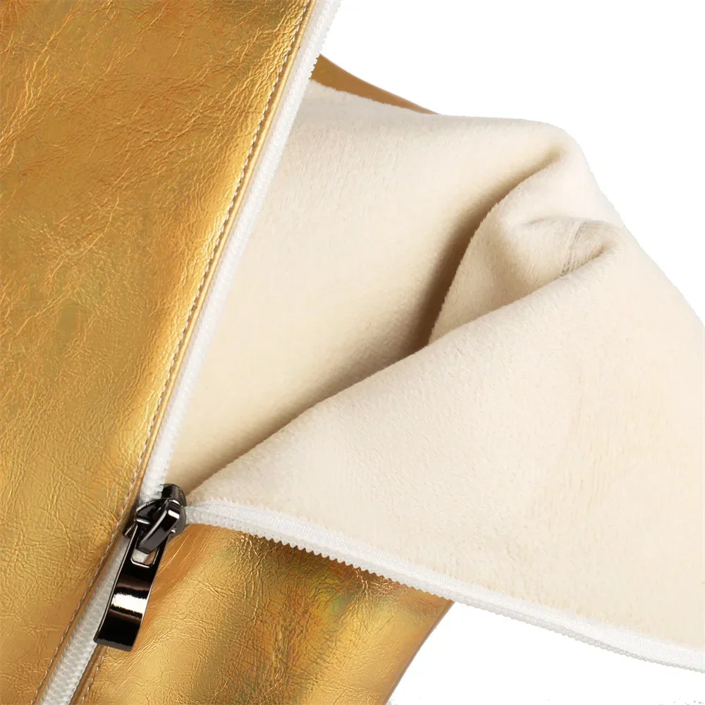 Metallic Silver Gold Microfiber Knee High Boots Women Chunky Heels Party Dress Lady Winter Zipper Plush Gogo Platform Long Boots