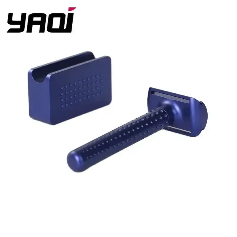 YAQI DLC Safety Razor Gift Set Double Edge DE Razor Blue Coating 2 Handles Dotted Grip for Men Wet Shaving