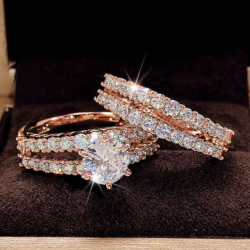 Huitan Trendy Hohl Set Ringe Voll Bling Iced Out CZ Stein Luxus Frauen Hochzeit Verlobung Ringe 2Pcs Set Schmuck drop Shipping – Detail 7